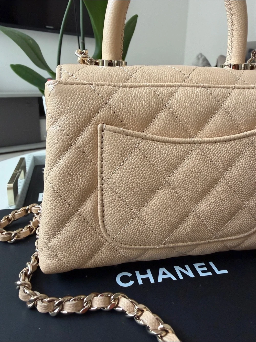 Chanel 24K AP4244 Micro Coco Handle Extra Mini Flap Beige Caviar Clutch GHW Bag